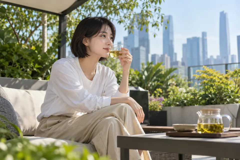 城市花园中冷泡茶的玻璃杯场景