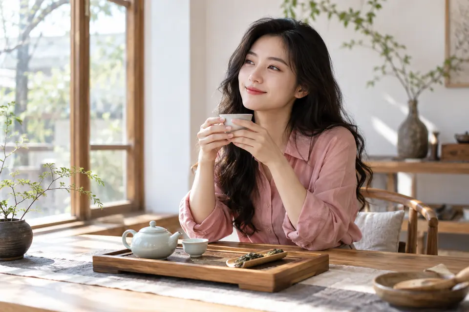 明亮茶室中双手捧杯的品饮画面